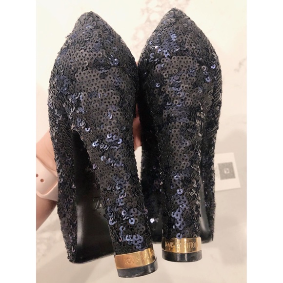LOUIS VUITTON Dark Midnight Blue Sequin Glitter Sparkle Peep Toe Platform Pumps - Picture 13 of 17